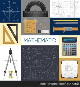 Mathematics science concept with rulers copybook compass pencils calculator formulas and diagrams isolated vector illustration. Mathematics Science Concept