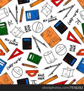 Mathematics seamless pattern of books and pencils, rulers, calculators and compasses, geometric figures, drawings and algebra formulas. Education and back to school theme design. Education seamless pattern of school supplies