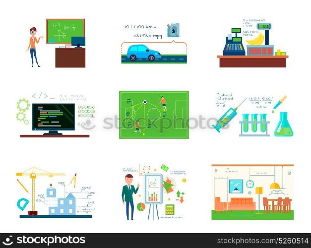 Mathematics Teacher Concept Collection. Mathematics conceptual compositions set with business building programming chemistry trading and other enterprises using mathematical calculations vector illustration