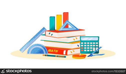 Maths flat concept vector illustration. School subject. Formal science metaphor. Algebra and geometry class. University course. Student textbook, calculator and ruler items 2D cartoon objects. Maths flat concept vector illustration
