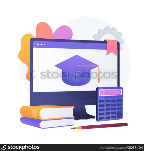 Maths online course. Economics university department, Internet classes, accounting lessons. Bookkeeping and mathematics textbooks digital archive. Vector isolated concept metaphor illustration.. Maths online course vector concept metaphor.