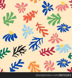 Matisse floral pattern, crooked leaves and flowers. Contemporary botanic background, modern print floral element, organic shapes. Blue Matisse floral pattern, crooked leaves and red flowers.