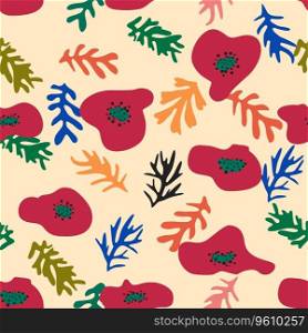 Matisse floral pattern, crooked leaves and red poppy flowers. Blue Matisse floral pattern, crooked leaves and red flowers.