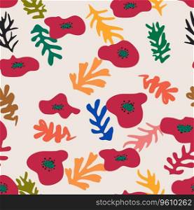 Matisse floral pattern, crooked leaves and red poppy flowers. Blue Matisse floral pattern, crooked leaves and red flowers.