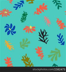 Matisse floral seamless pattern, crooked leaves and flowers. Contemporary botanic background, modern print floral element, organic shapes. Blue Matisse floral pattern, crooked leaves and red flowers.