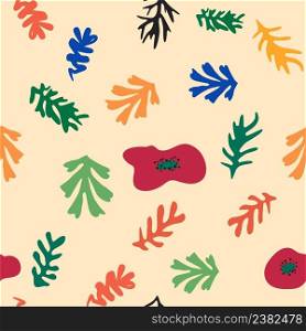 Matisse floral seamless pattern, crooked leaves and flowers. Contemporary botanic background, modern print floral element, organic shapes. Blue Matisse floral pattern, crooked leaves and red flowers.