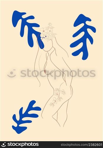 Matisse-inspired female figures in different poses with flowers in a minimalist style.. Matisse-inspired female figures in different poses with flowers in a minimalist style