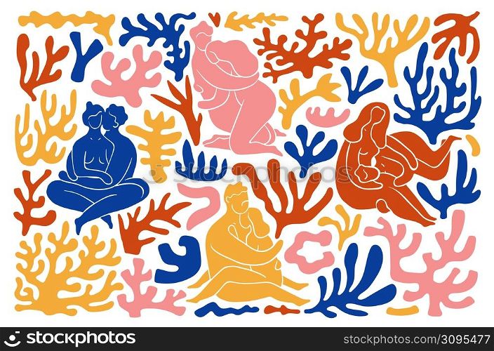 Matisse plants. Minimalistic smooth silhouettes people. Simple corals. Naked male and female bodies. Love hugs. Modernism art inspiration. Romantic and passion poses. Vector embracing couples set. Matisse plants. Minimalistic smooth silhouettes people. Simple corals. Male and female bodies. Love hugs. Modernism art inspiration. Romantic and passion. Vector embracing couples set