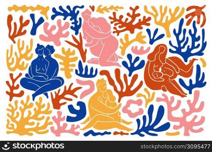 Matisse plants. Minimalistic smooth silhouettes people. Simple corals. Naked male and female bodies. Love hugs. Modernism art inspiration. Romantic and passion poses. Vector embracing couples set. Matisse plants. Minimalistic smooth silhouettes people. Simple corals. Male and female bodies. Love hugs. Modernism art inspiration. Romantic and passion. Vector embracing couples set