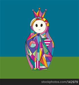 Matryoshka character hand drawn vector illustration. Nesting doll with crown in modern style.. Matryoshka hand drawn vector illustration. Nesting doll character in modern style. Abstract funny girl greeting card.