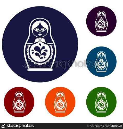 Matryoshka icons set in flat circle reb, blue and green color for web. Matryoshka icons set