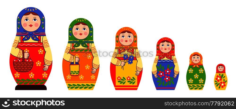 Matryoshka zagorje family set of flat isolated stacking russian doll images of different size and colour pattern vector illustration. Matryoshka Flat Icons Collection