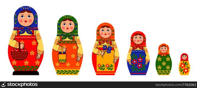 Matryoshka zagorje family set of flat isolated stacking russian doll images of different size and colour pattern vector illustration. Matryoshka Flat Icons Collection