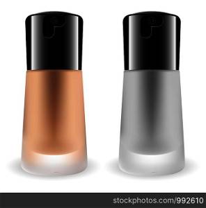 Matt glass Foundation cream Cosmetic bottles set. Facial care product mockup. Vector packaging 3d realistic illustration. Isolated on white background.. Matt glass Foundation cream Cosmetic bottles set.