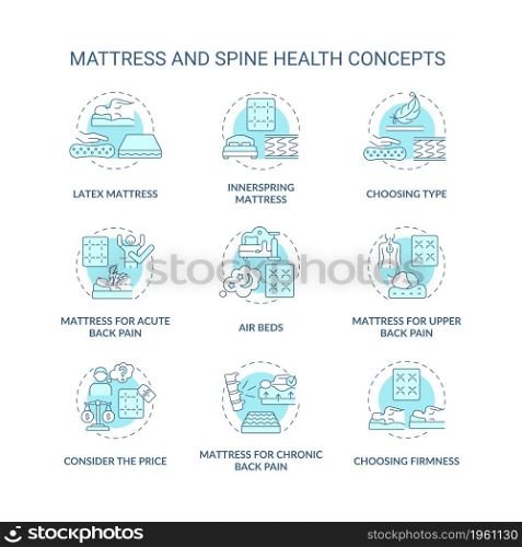 Mattress and spine health blue concept icons set. Back and neck pain relief idea thin line color illustrations. Mattress types and materials. Vector isolated outline drawings. Editable stroke. Mattress and spine health blue concept icons set