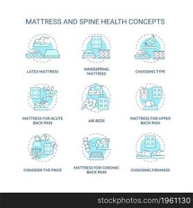 Mattress and spine health blue concept icons set. Back and neck pain relief idea thin line color illustrations. Mattress types and materials. Vector isolated outline drawings. Editable stroke. Mattress and spine health blue concept icons set