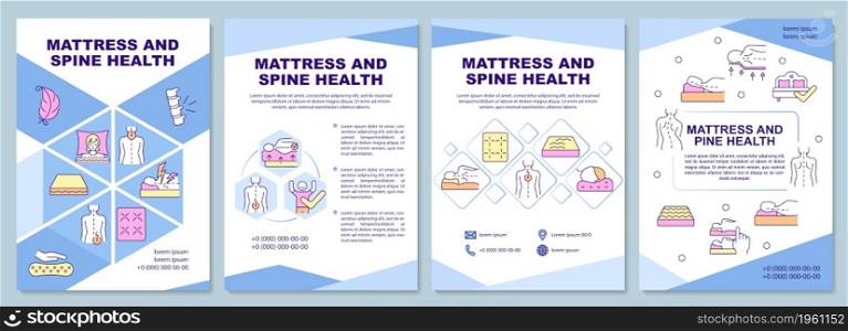 Mattress and spine health brochure template. Back pain relief. Flyer, booklet, leaflet print, cover design with linear icons. Vector layouts for presentation, annual reports, advertisement pages. Mattress and spine health brochure template