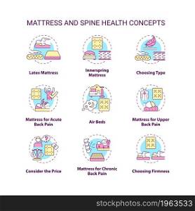 Mattress and spine health concept icons set. Back and neck pain relief idea thin line color illustrations. Mattress types and materials. Vector isolated outline drawings. Editable stroke. Mattress and spine health concept icons set