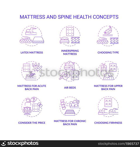 Mattress and spine health purple gradient concept icons set. Back and neck pain relief idea thin line color illustrations. Mattress types and materials. Vector isolated outline drawings. Mattress and spine health purple gradient concept icons set