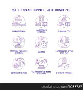 Mattress and spine health purple gradient concept icons set. Back and neck pain relief idea thin line color illustrations. Mattress types and materials. Vector isolated outline drawings. Mattress and spine health purple gradient concept icons set