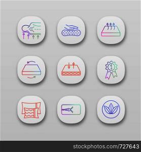 Mattress app icons set. UI/UX user interface. Orthopedic, latex, breathable, dual season, ecological mattress with removable cover, pillows and award medal. Vector isolated illustrations. Mattress app icons set