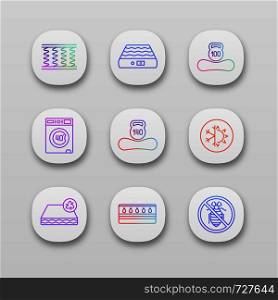 Mattress app icons set. UI/UX user interface. Spring, air, machine washable, dual season, recyclable, water, antiallergic mattress with weight limit up to 100 and 140 kg. Vector isolated illustrations. Mattress app icons set