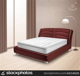 Mattress Bed In Home Interior. Double mattress bed in home interior with curtained window and floor lamp in realistic style isolated vector illustration
