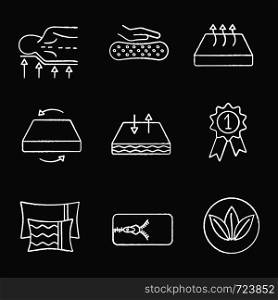 Mattress chalk icons set. Orthopedic, latex, breathable, dual season, ecological mattress with removable cover, pillows and award medal. Isolated vector chalkboard illustrations. Mattress chalk icons set