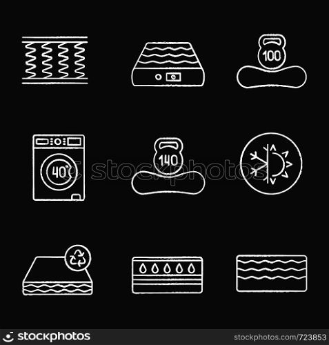 Mattress chalk icons set. Spring, air, machine washable, dual season, recyclable, water, memory foam mattress with weight limit up to 100 and 140 kg. Isolated vector chalkboard illustrations. Mattress chalk icons set