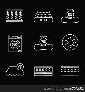 Mattress chalk icons set. Spring, air, machine washable, dual season, recyclable, water, memory foam mattress with weight limit up to 100 and 140 kg. Isolated vector chalkboard illustrations. Mattress chalk icons set