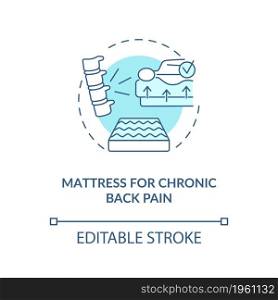 Mattress for chronic back pain blue concept icon. Relieving back ache abstract idea thin line illustration. Upper, lower spine pain prevention. Vector isolated outline color drawing. Editable stroke. Mattress for chronic back pain blue concept icon