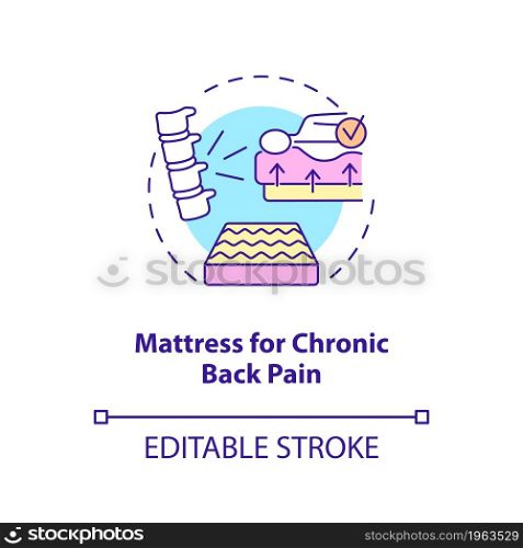 Mattress for chronic back pain concept icon. Relieving back ache abstract idea thin line illustration. Upper and lower spine pain prevention. Vector isolated outline color drawing. Editable stroke. Mattress for chronic back pain concept icon