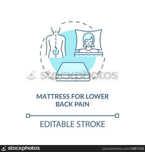 Mattress for lower back pain blue concept icon. Pad type abstract idea thin line illustration. Spinal support for pain relief. Comfortable sleep. Vector isolated outline color drawing. Editable stroke. Mattress for lower back pain blue concept icon