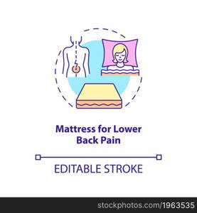 Mattress for lower back pain concept icon. Pad type abstract idea thin line illustration. Spinal support for pain relief. Comfortable sleeping. Vector isolated outline color drawing. Editable stroke. Mattress for lower back pain concept icon