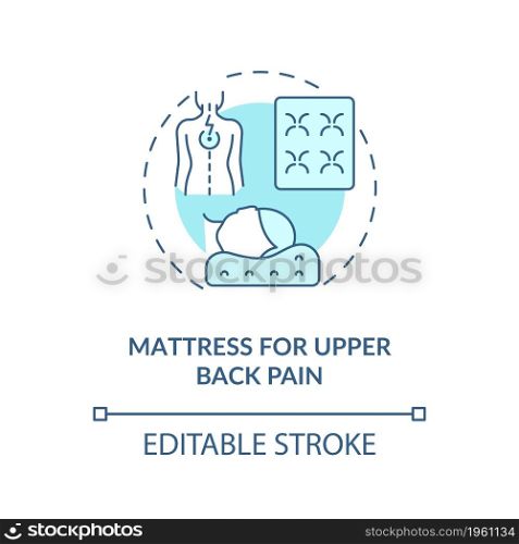Mattress for upper back pain blue concept icon. Neck ache reducing abstract idea thin line illustration. Orthopedic mattress and pillow. Vector isolated outline color drawing. Editable stroke. Mattress for upper back pain blue concept icon