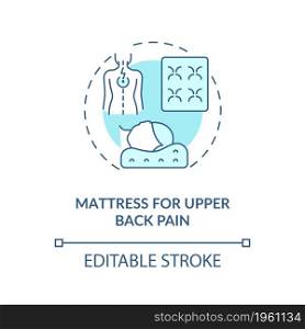 Mattress for upper back pain blue concept icon. Neck ache reducing abstract idea thin line illustration. Orthopedic mattress and pillow. Vector isolated outline color drawing. Editable stroke. Mattress for upper back pain blue concept icon