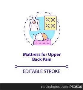 Mattress for upper back pain concept icon. Neck ache reducing abstract idea thin line illustration. Orthopedic mattress and pillow. Vector isolated outline color drawing. Editable stroke. Mattress for upper back pain concept icon