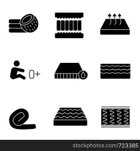 Mattress glyph icons set. Coconut fiber, memory foam filler, waterproof, orthopedic, spring, springless roll up, breathable, mattresses for newborn. Silhouette symbols. Vector isolated illustration. Mattress glyph icons set