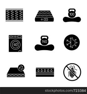 Mattress glyph icons set. Spring, air, machine washable, dual season, recyclable, water, antiallergic mattress with weight limit up to 100 and 140 kg. Silhouette symbols. Vector isolated illustration. Mattress glyph icons set