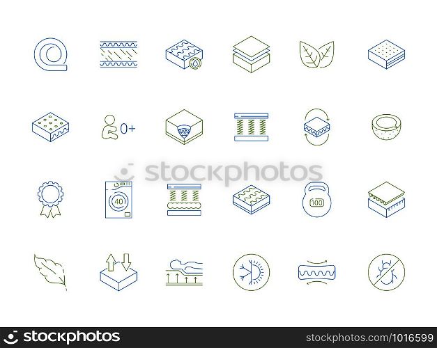 Mattress icons. Anatomical orthopedic healthcare comfortable latex eco material foam bed vector furniture colored symbols. Orthopedic material for bed, foam and air latex mattress illustration. Mattress icons. Anatomical orthopedic healthcare comfortable latex eco material foam bed vector furniture colored symbols