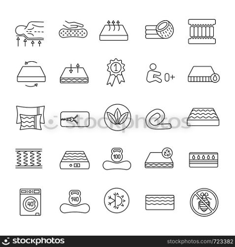 Mattress linear icons set. Latex, innerspring and memory foam mattresses. Breathable, ecological, anatomic, waterproof bedding, antiallergic. Isolated vector outline illustrations. Editable stroke. Mattress linear icons set