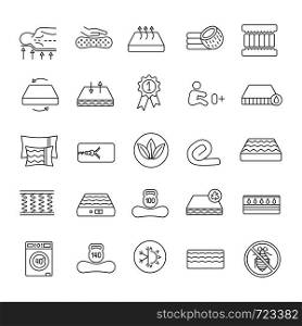 Mattress linear icons set. Latex, innerspring and memory foam mattresses. Breathable, ecological, anatomic, waterproof bedding, antiallergic. Isolated vector outline illustrations. Editable stroke. Mattress linear icons set