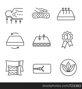 Mattress linear icons set. Orthopedic, latex, breathable, dual season, ecological mattress with removable cover, pillows and award medal. Isolated vector outline illustrations. Editable stroke. Mattress linear icons set