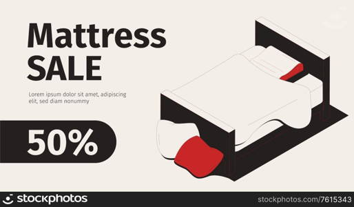 Mattress pillow horizontal advertising banner with isometric images of soft bed and editable text with discount vector illustration