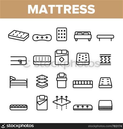 Mattress Types And Material Vector Linear Icons Set. Orthopedic And Antiallergic Comfortable Mattress Outline Symbols Pack. Bio And Organic Breathable Bedding Isolated Contour Illustration. Mattress Types And Material Vector Linear Icons Set