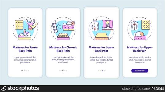 Mattresses for back pain onboarding mobile app page screen. Comfortable sleeping walkthrough 4 steps graphic instructions with concepts. UI, UX, GUI vector template with linear color illustrations. Mattresses for back pain onboarding mobile app page screen