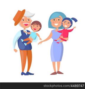 Mature Couple Holding Children Grandpa and Grandma. Mature couple holding children on hand, grandpa in hat and grandma with kids vector illustration isolated on white background