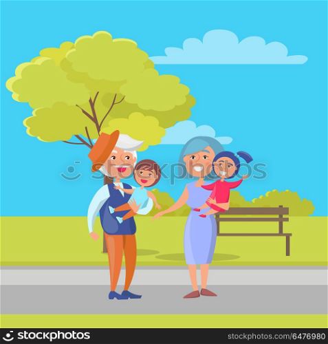Mature Couple Holding Children Grandpa and Grandma. Mature couple holding children on hand, grandpa in hat and grandma with kids on background of bench and green tree in city park vector illustration