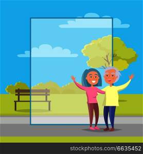 Mature couple holding children on hand, grandpa in hat and grandma with kids on background of bench and green tree in park vector with frame for text.. Mature Couple Holding Children Grandpa and Grandma