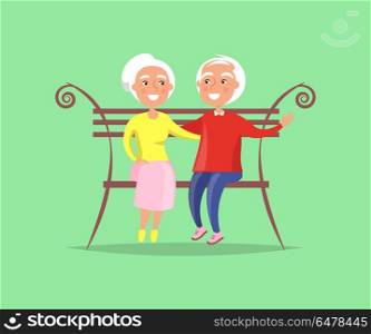 Mature Couple Sitting on Bench Together Family. Mature couple sitting on bench together, old husband and wife hugging each other vector illustration isolated on green background